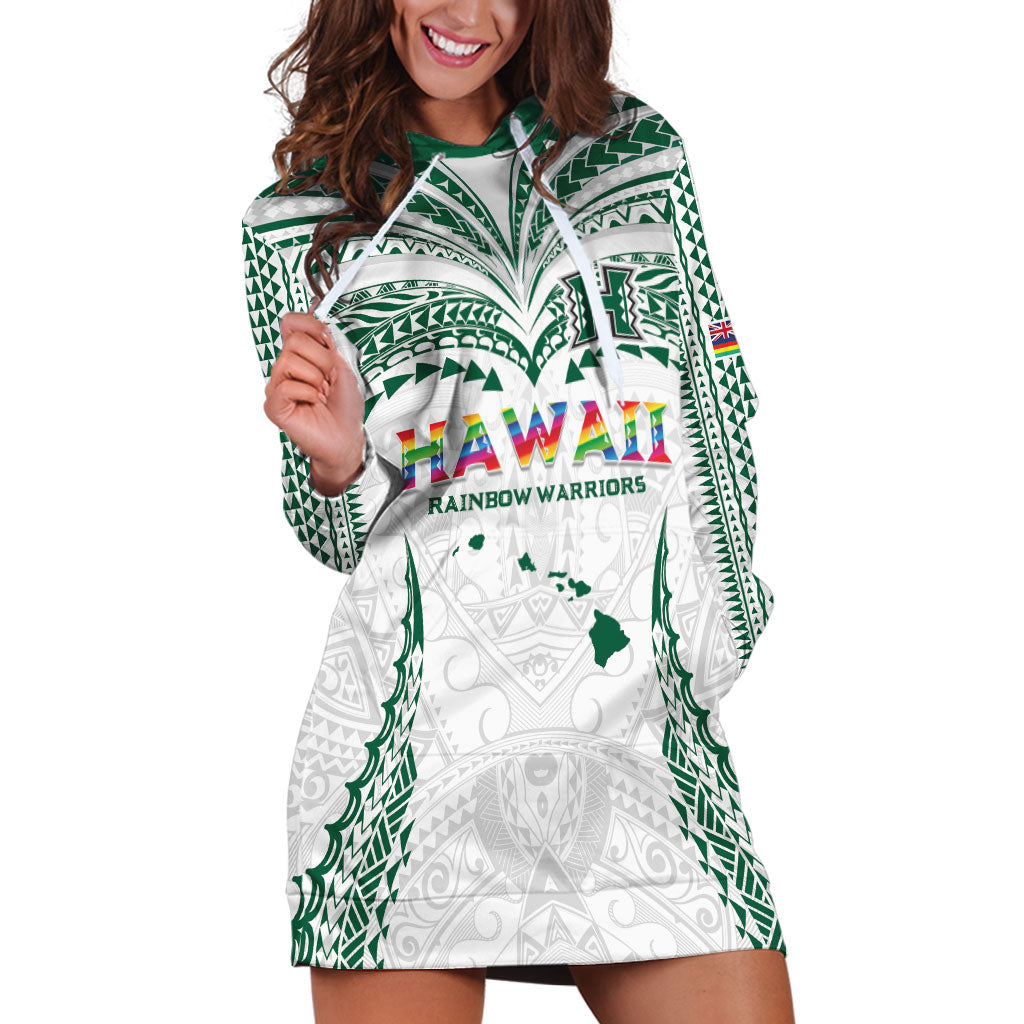 Custom Hawaii Rainbow Warriors Hoodie Dress Polynesian Motif White Color