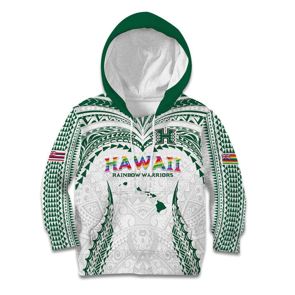 Custom Hawaii Rainbow Warriors Kid Hoodie Polynesian Motif White Color