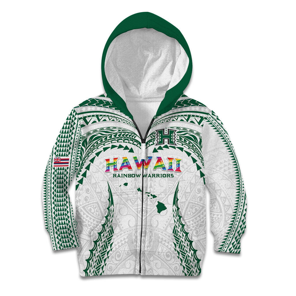 Custom Hawaii Rainbow Warriors Kid Hoodie Polynesian Motif White Color