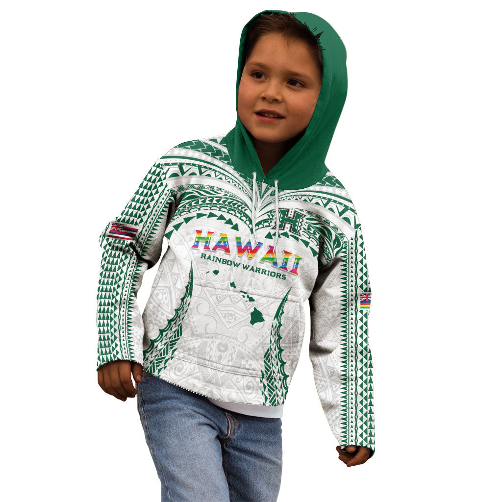Custom Hawaii Rainbow Warriors Kid Hoodie Polynesian Motif White Color