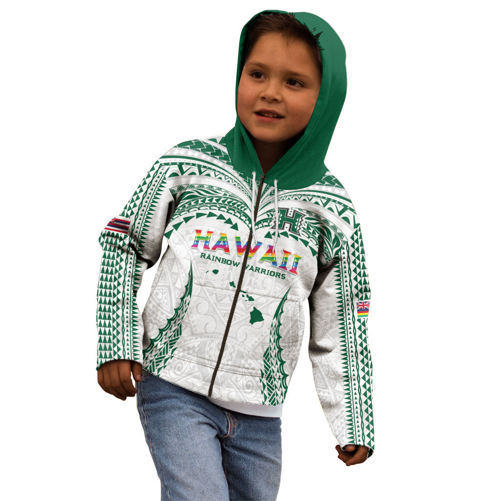 Custom Hawaii Rainbow Warriors Kid Hoodie Polynesian Motif White Color