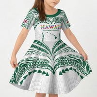 Custom Hawaii Rainbow Warriors Kid Short Sleeve Dress Polynesian Motif White Color