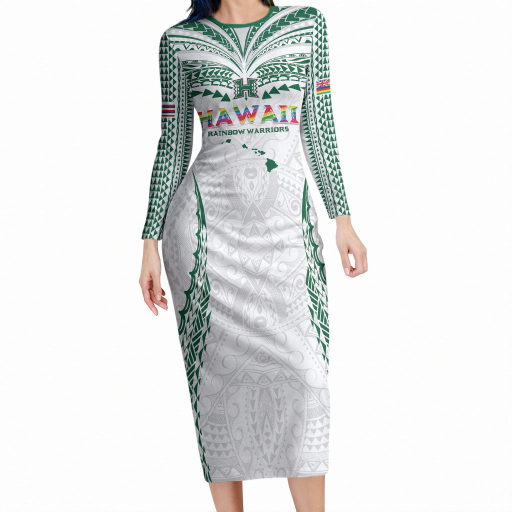 Custom Hawaii Rainbow Warriors Long Sleeve Bodycon Dress Polynesian Motif White Color