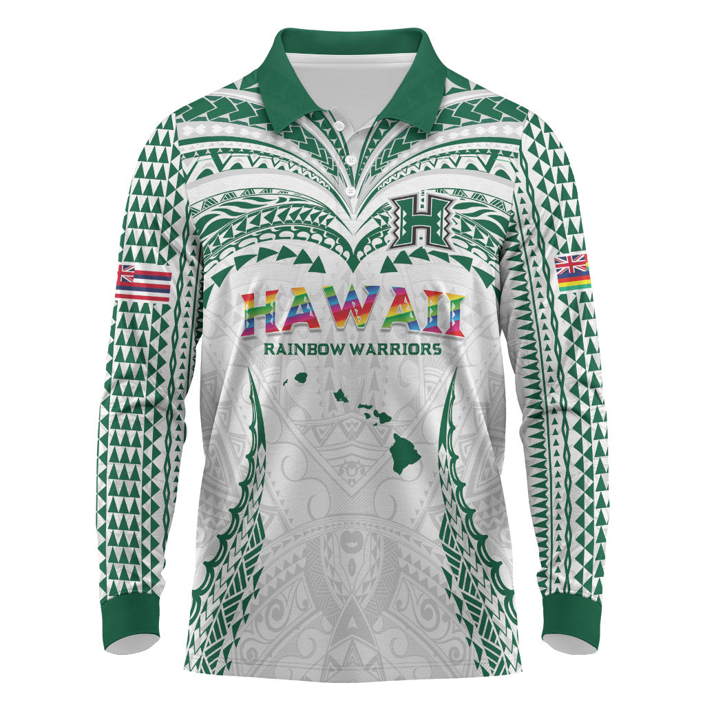 Custom Hawaii Rainbow Warriors Long Sleeve Polo Shirt Polynesian Motif White Color