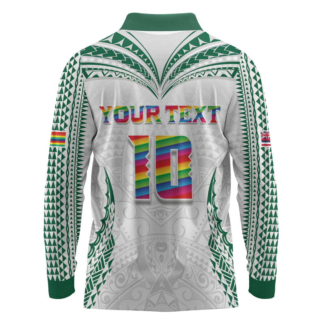 Custom Hawaii Rainbow Warriors Long Sleeve Polo Shirt Polynesian Motif White Color