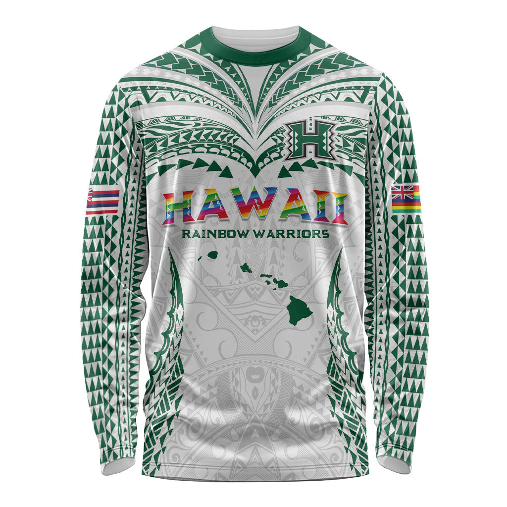 Custom Hawaii Rainbow Warriors Long Sleeve Shirt Polynesian Motif White Color