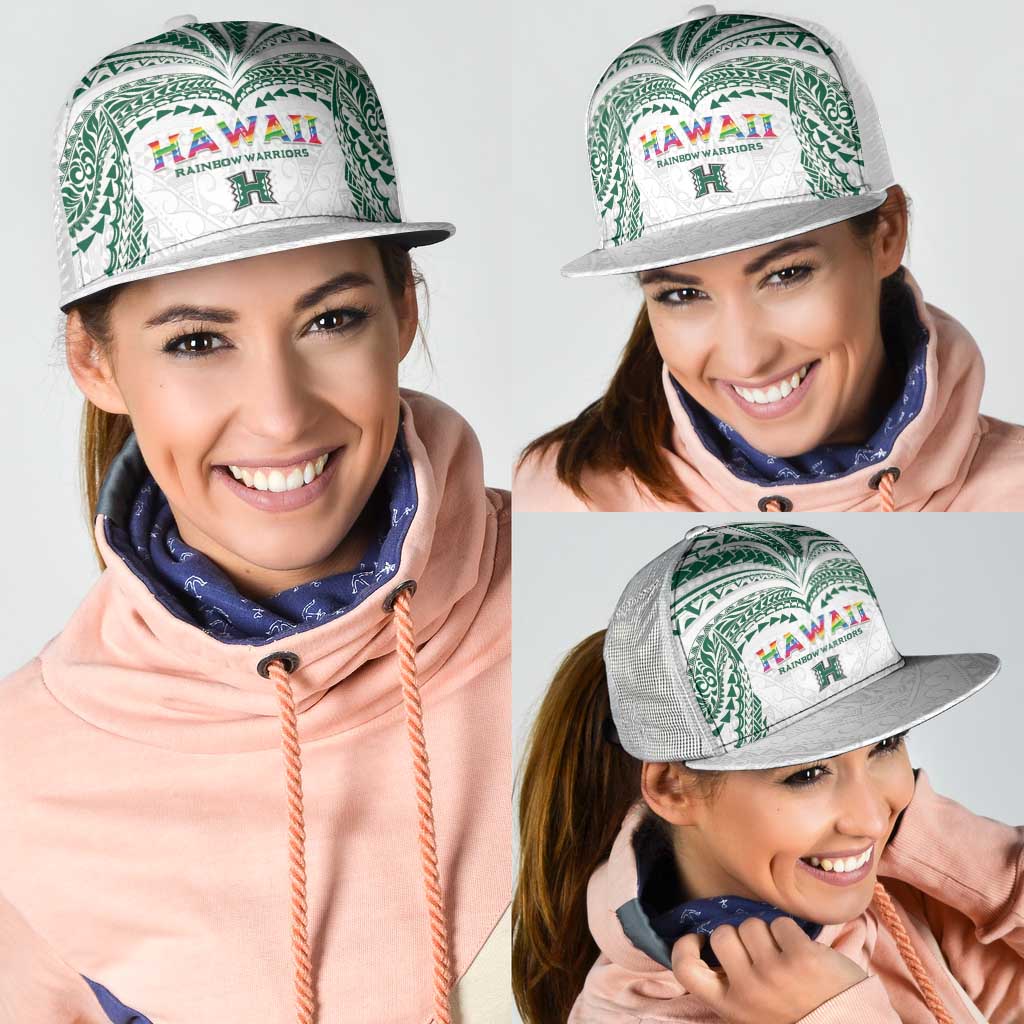 Hawaii Rainbow Warriors Mesh Trucker Cap Polynesian Motif White Color