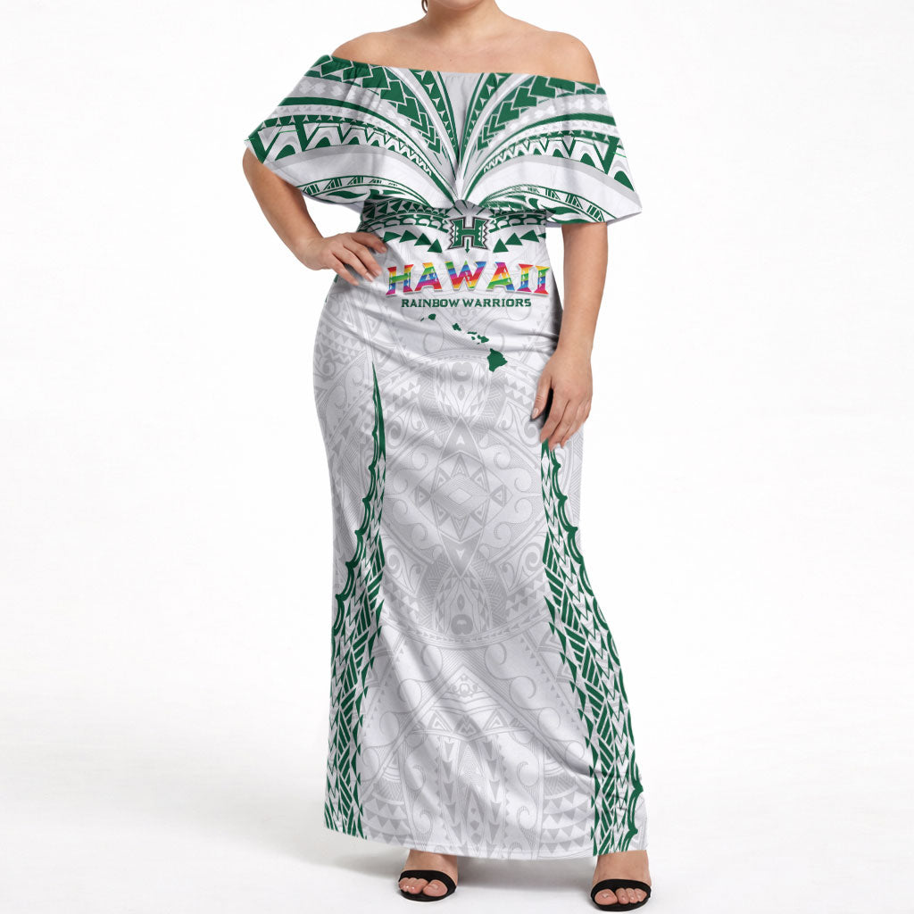Custom Hawaii Rainbow Warriors Off Shoulder Maxi Dress Polynesian Motif White Color