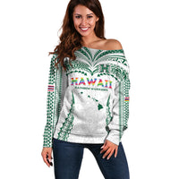 Custom Hawaii Rainbow Warriors Off Shoulder Sweater Polynesian Motif White Color