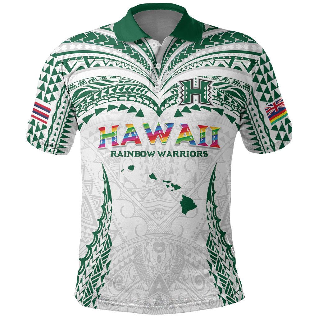 Custom Hawaii Rainbow Warriors Polo Shirt Polynesian Motif White Color