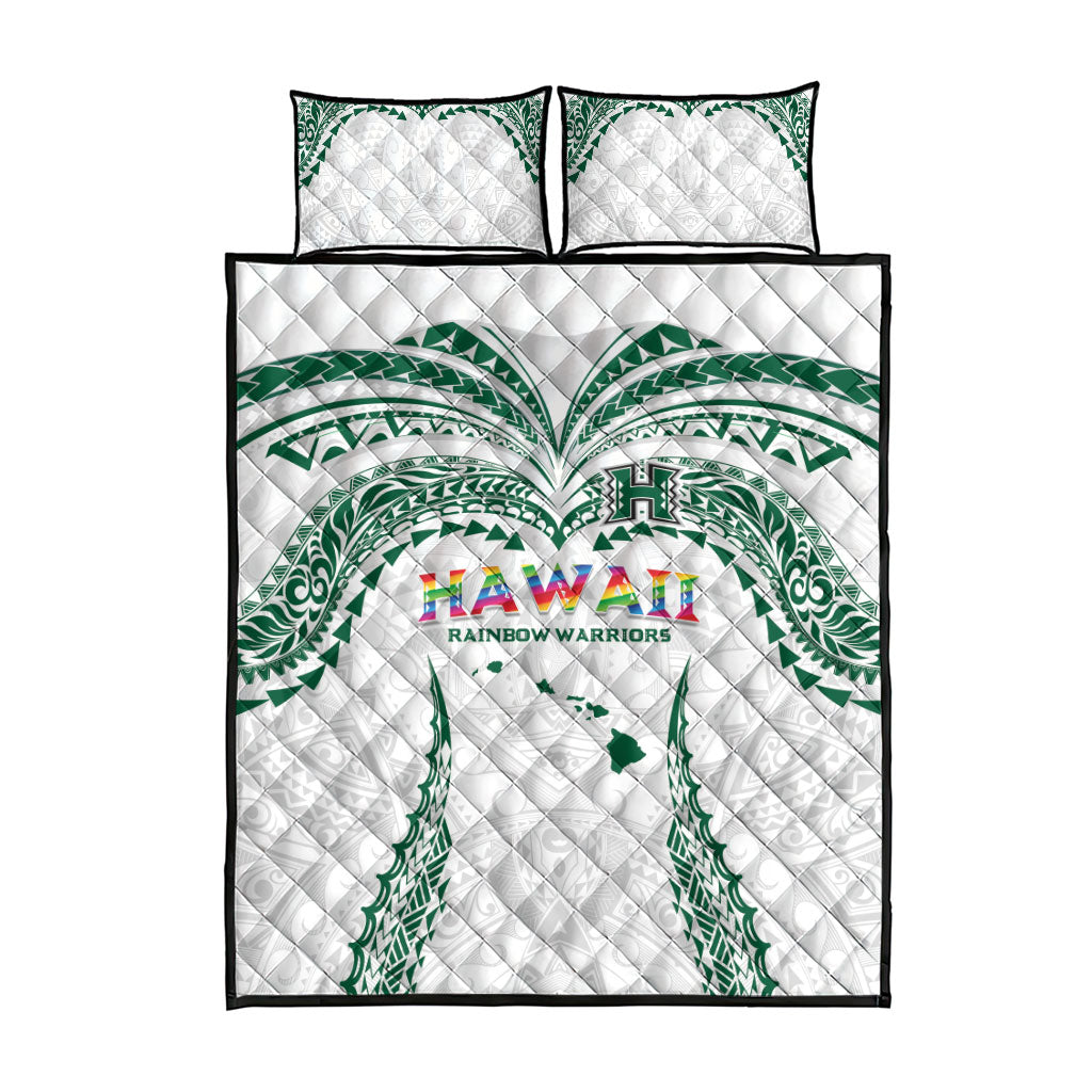 Hawaii Rainbow Warriors Quilt Bed Set Polynesian Motif White Color