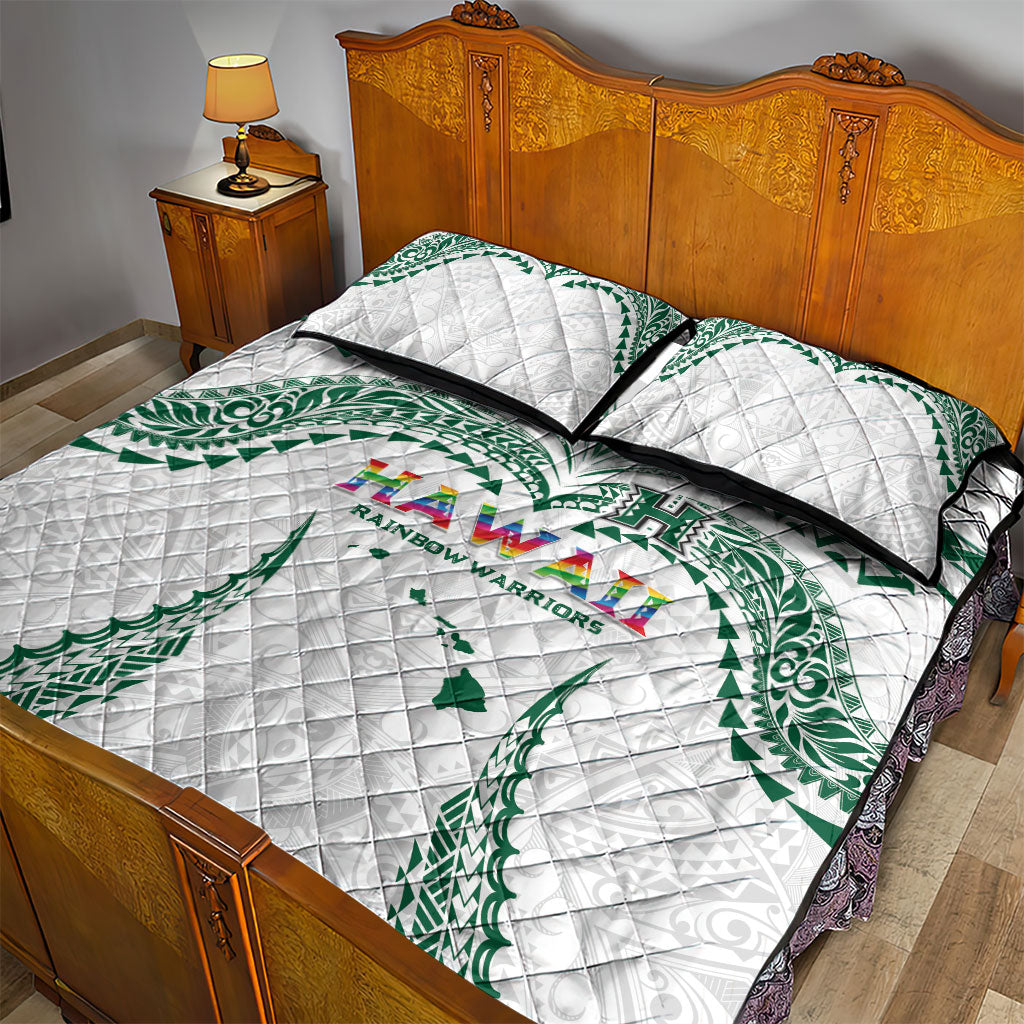 Hawaii Rainbow Warriors Quilt Bed Set Polynesian Motif White Color