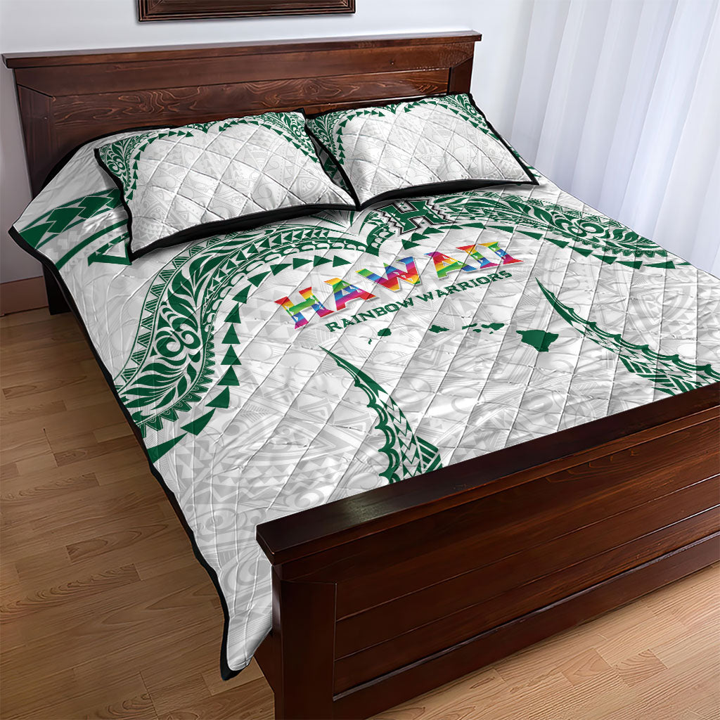Hawaii Rainbow Warriors Quilt Bed Set Polynesian Motif White Color