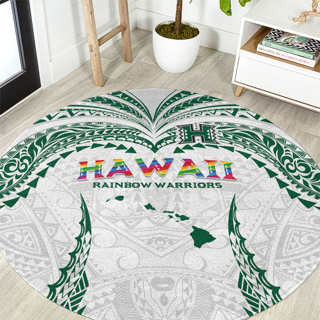 Hawaii Rainbow Warriors Round Carpet Polynesian Motif White Color
