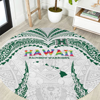 Hawaii Rainbow Warriors Round Carpet Polynesian Motif White Color