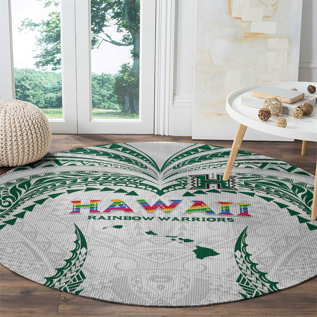 Hawaii Rainbow Warriors Round Carpet Polynesian Motif White Color