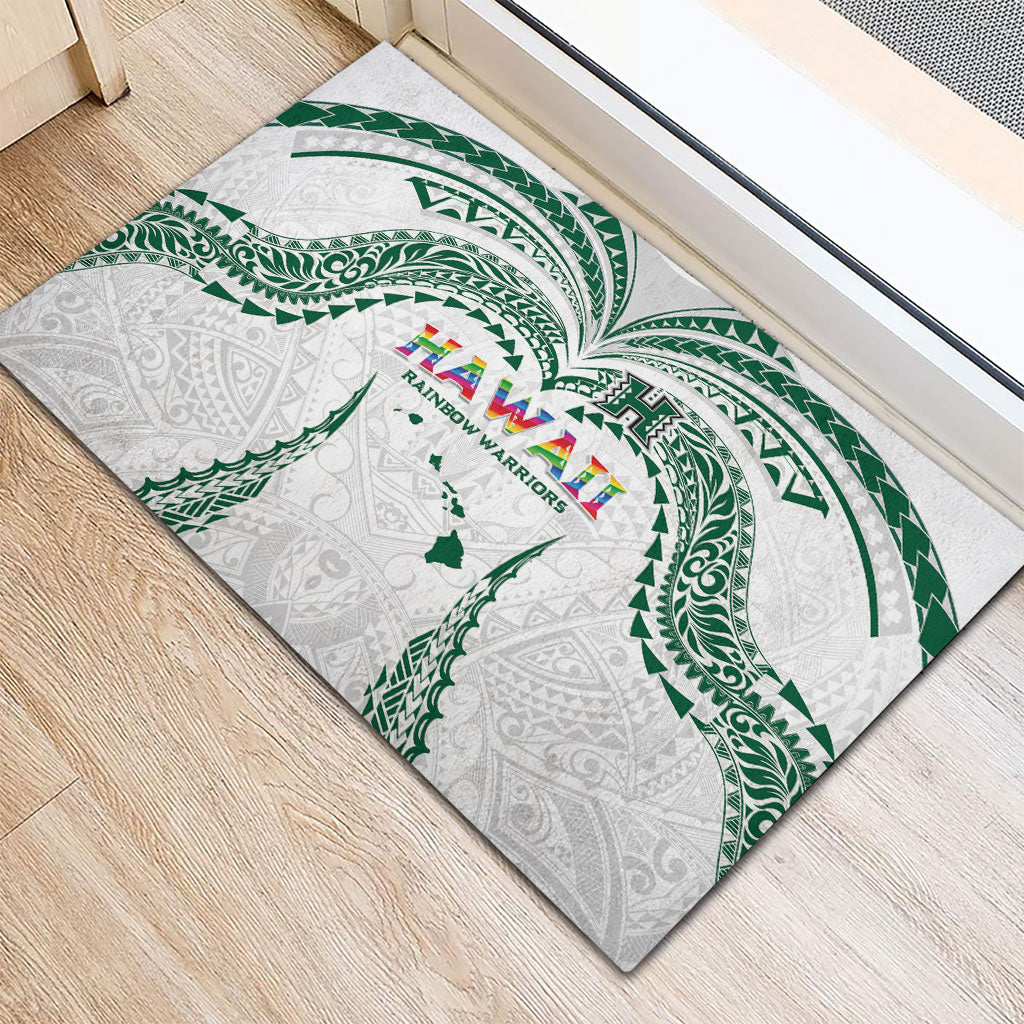 Hawaii Rainbow Warriors Rubber Doormat Polynesian Motif White Color