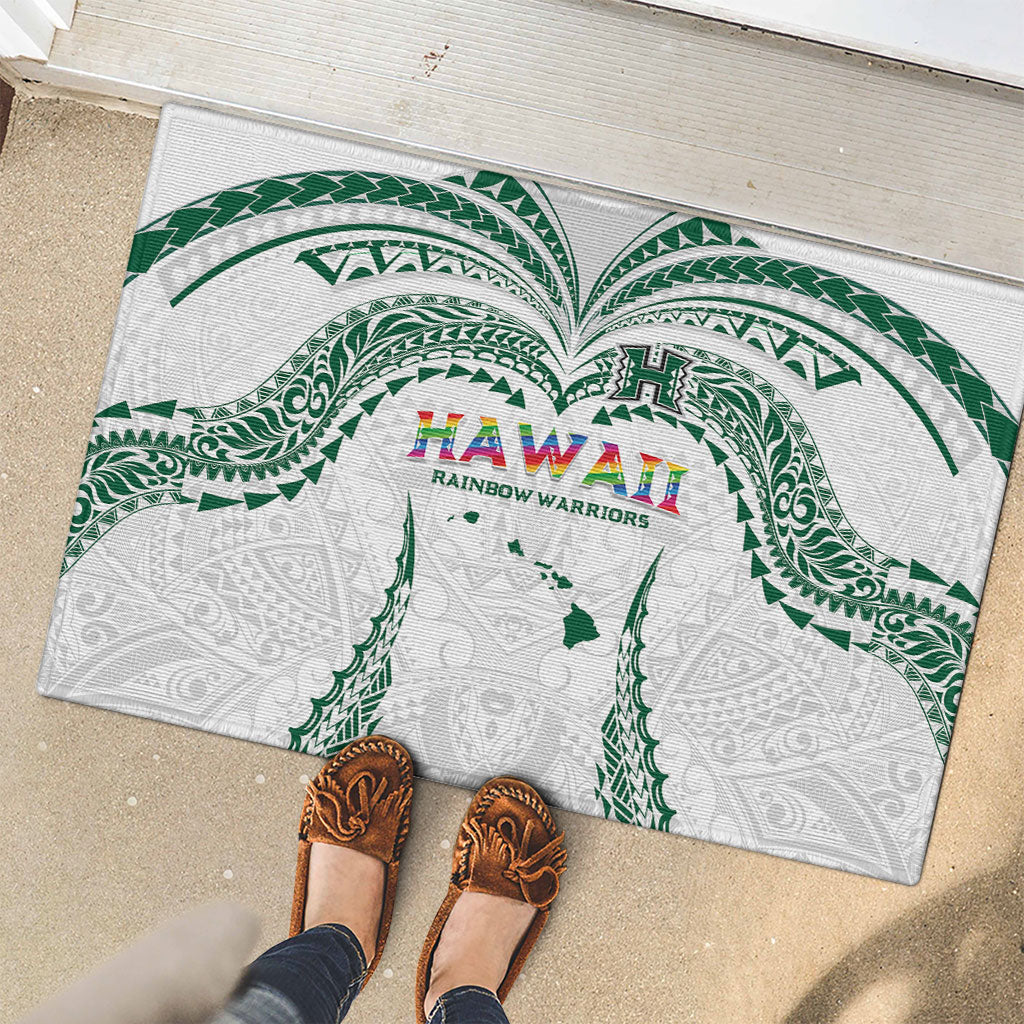 Hawaii Rainbow Warriors Rubber Doormat Polynesian Motif White Color