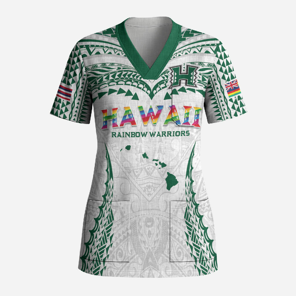 Custom Hawaii Rainbow Warriors Scrub Top Polynesian Motif White Color