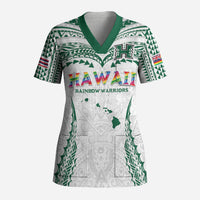 Custom Hawaii Rainbow Warriors Scrub Top Polynesian Motif White Color