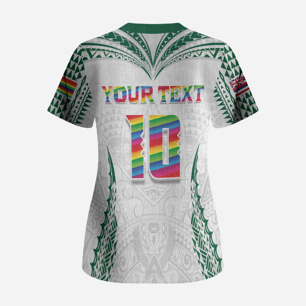 Custom Hawaii Rainbow Warriors Scrub Top Polynesian Motif White Color