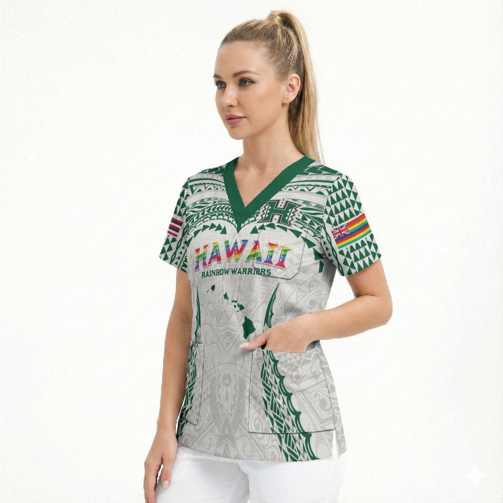 Custom Hawaii Rainbow Warriors Scrub Top Polynesian Motif White Color