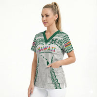 Custom Hawaii Rainbow Warriors Scrub Top Polynesian Motif White Color