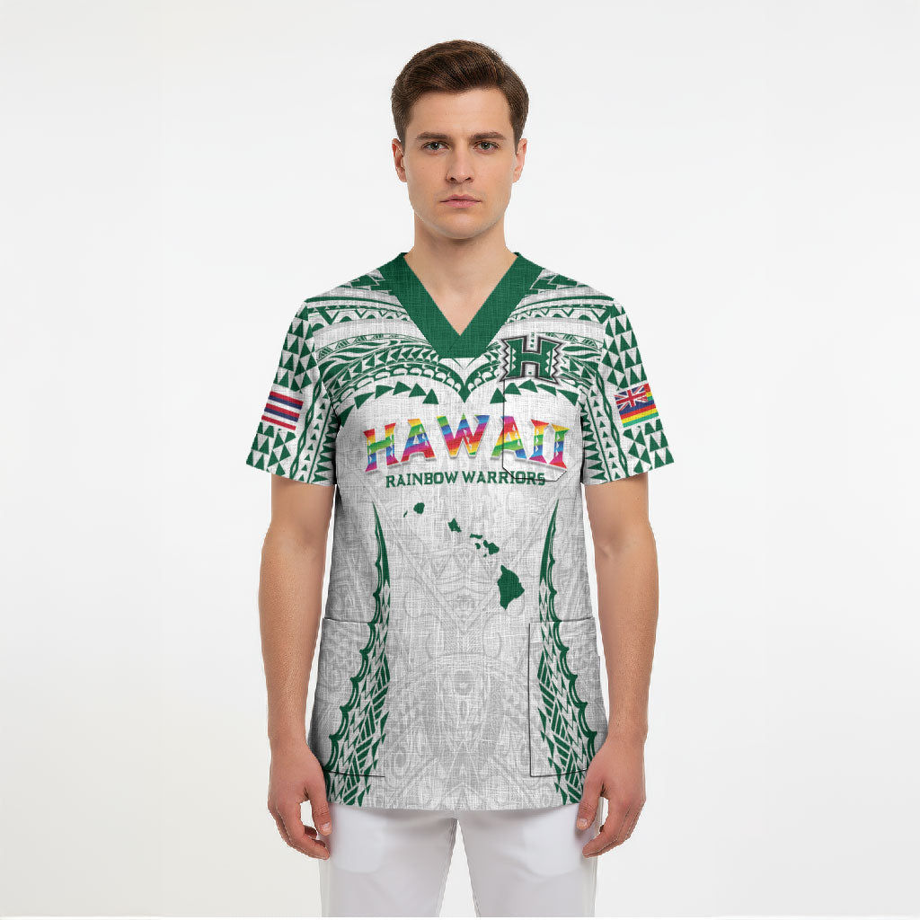 Custom Hawaii Rainbow Warriors Scrub Top Polynesian Motif White Color