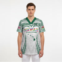 Custom Hawaii Rainbow Warriors Scrub Top Polynesian Motif White Color