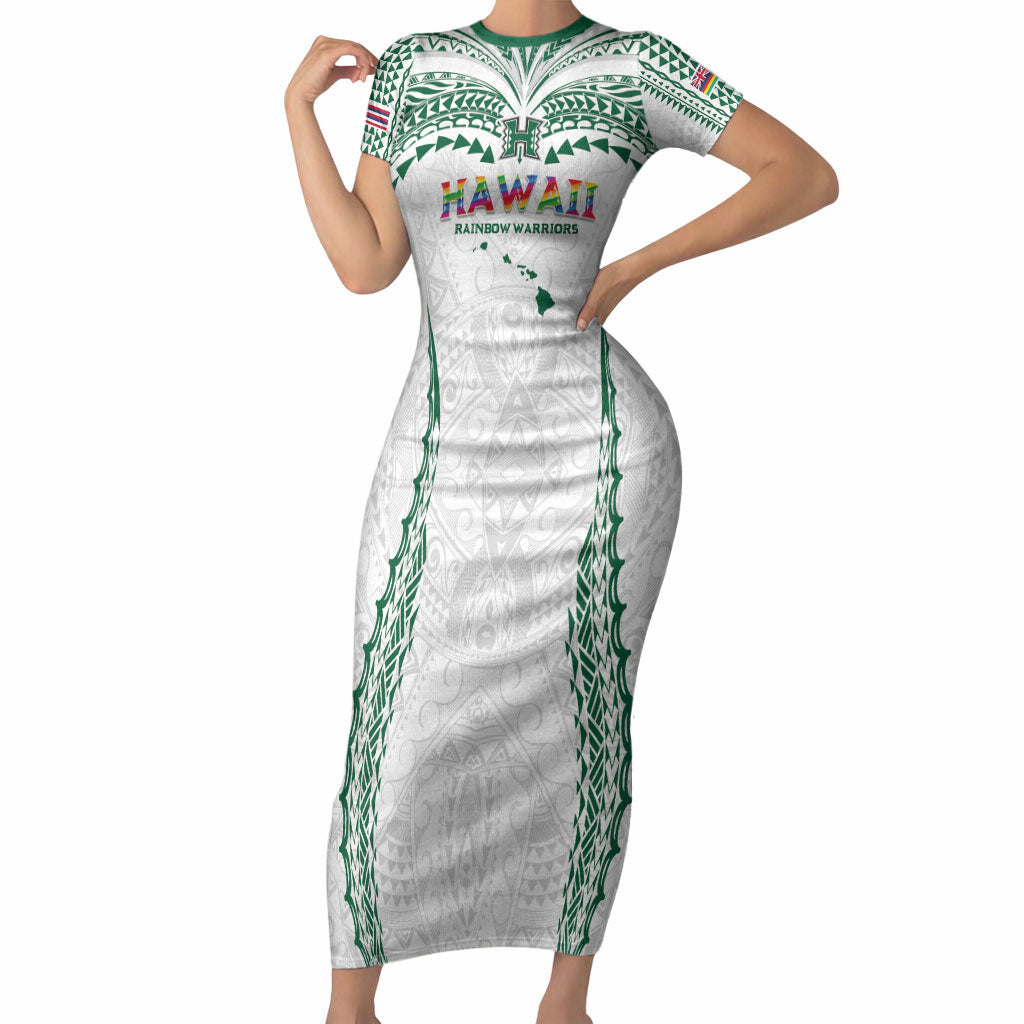 Custom Hawaii Rainbow Warriors Short Sleeve Bodycon Dress Polynesian Motif White Color