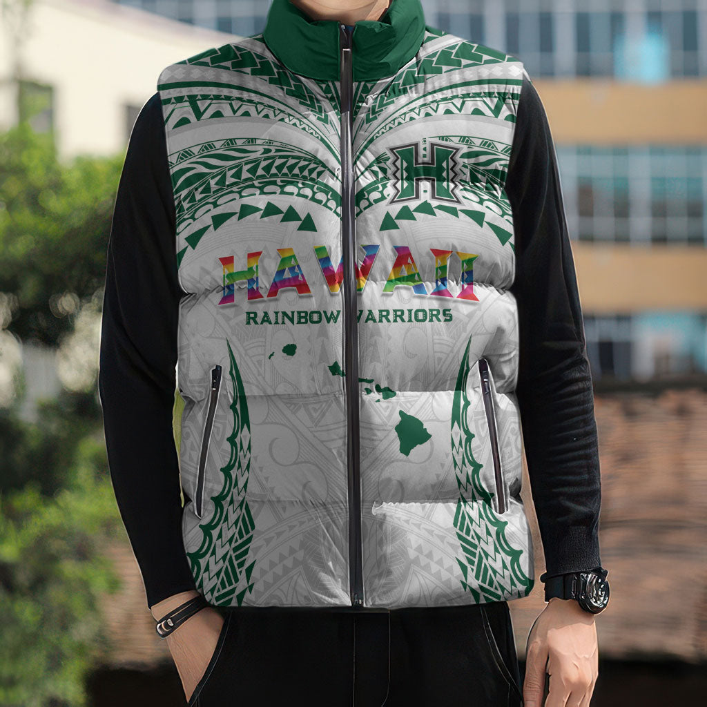 Custom Hawaii Rainbow Warriors Sleeveless Puffer Jacket Polynesian Motif White Color