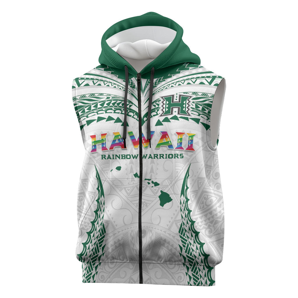 Custom Hawaii Rainbow Warriors Sleeveless Zip Hoodie Polynesian Motif White Color
