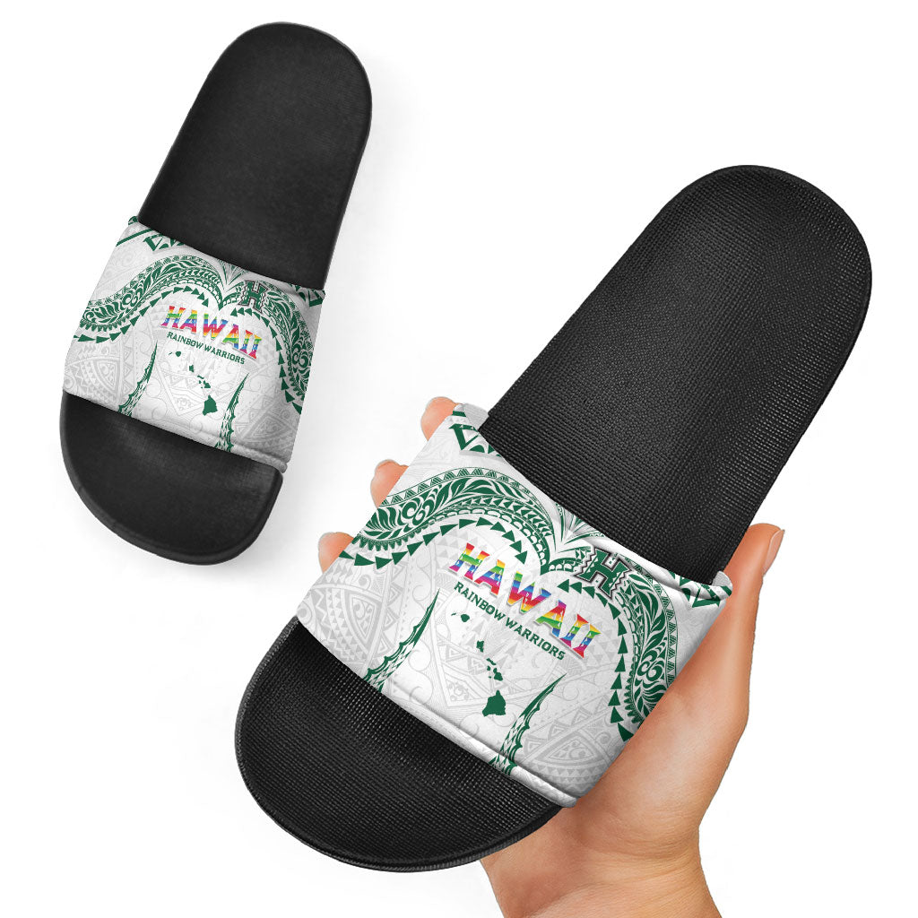 Hawaii Rainbow Warriors Slide Sandals Polynesian Motif White Color