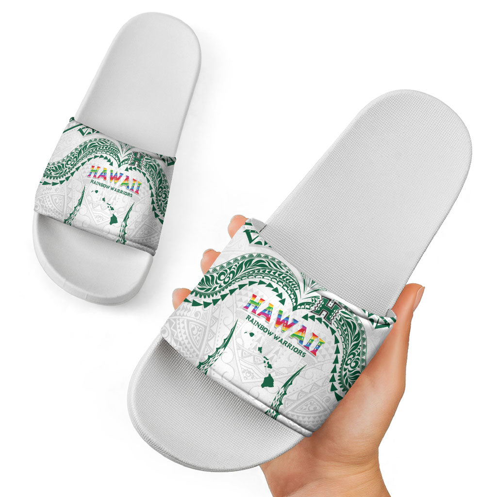 Hawaii Rainbow Warriors Slide Sandals Polynesian Motif White Color