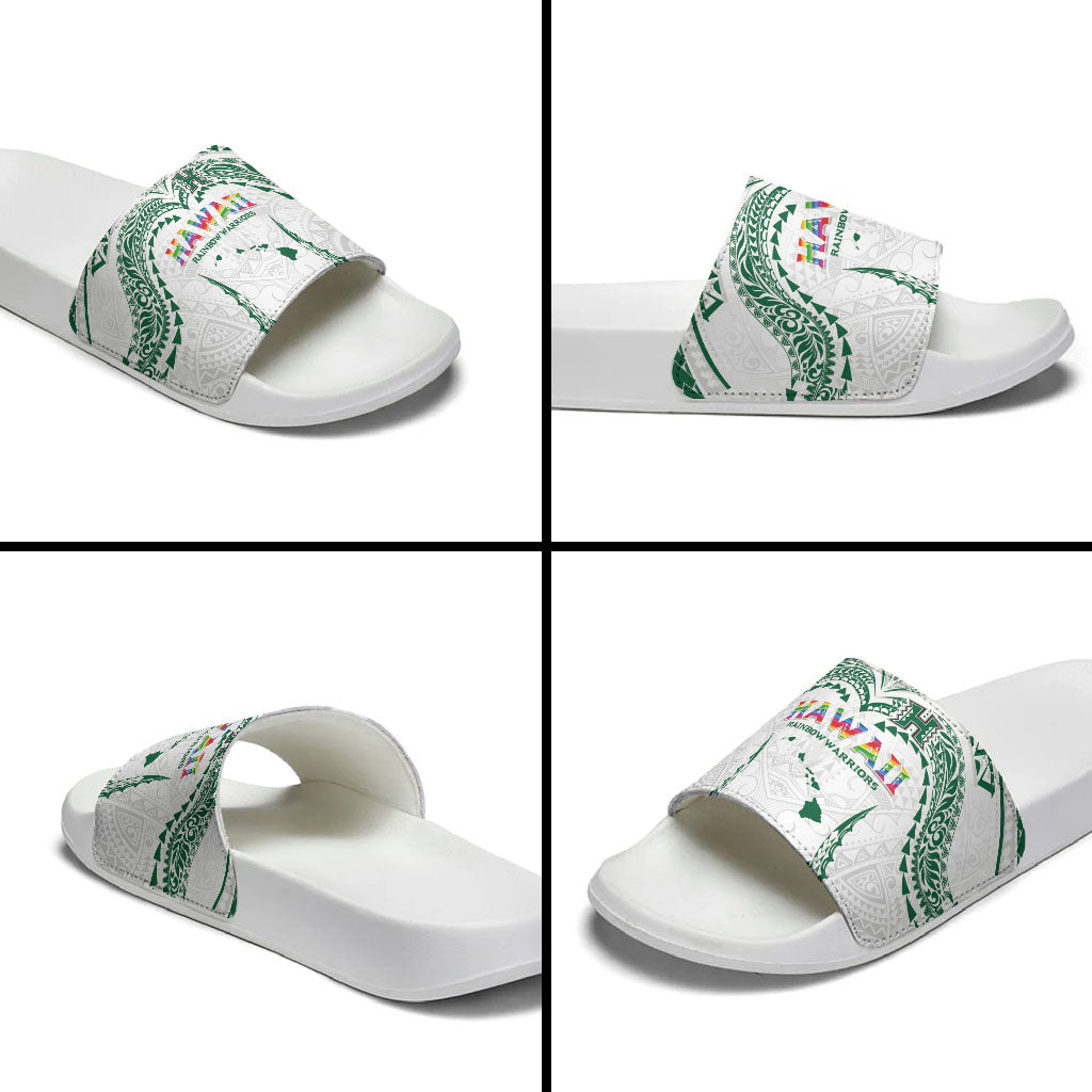 Hawaii Rainbow Warriors Slide Sandals Polynesian Motif White Color