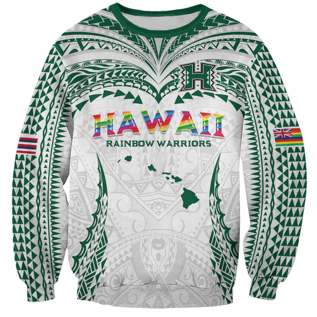 Custom Hawaii Rainbow Warriors Sweatshirt Polynesian Motif White Color