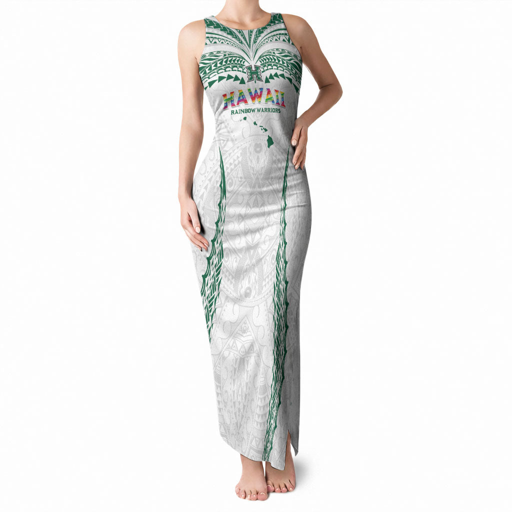 Custom Hawaii Rainbow Warriors Tank Maxi Dress Polynesian Motif White Color