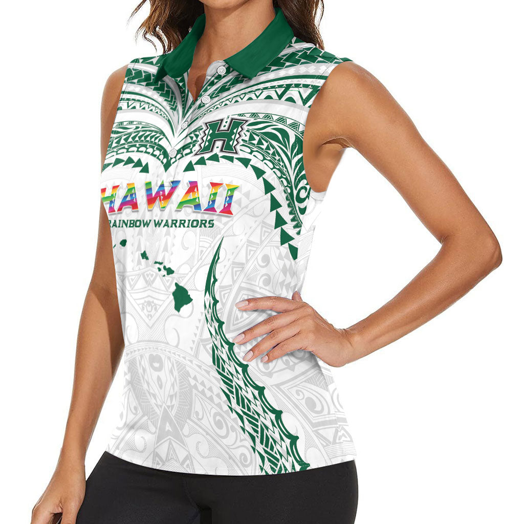 Custom Hawaii Rainbow Warriors Women Sleeveless Polo Shirt Polynesian Motif White Color