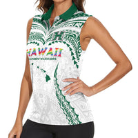 Custom Hawaii Rainbow Warriors Women Sleeveless Polo Shirt Polynesian Motif White Color