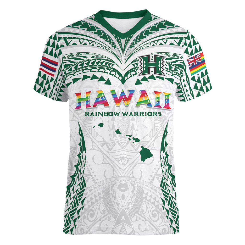Custom Hawaii Rainbow Warriors Women V-Neck T-Shirt Polynesian Motif White Color