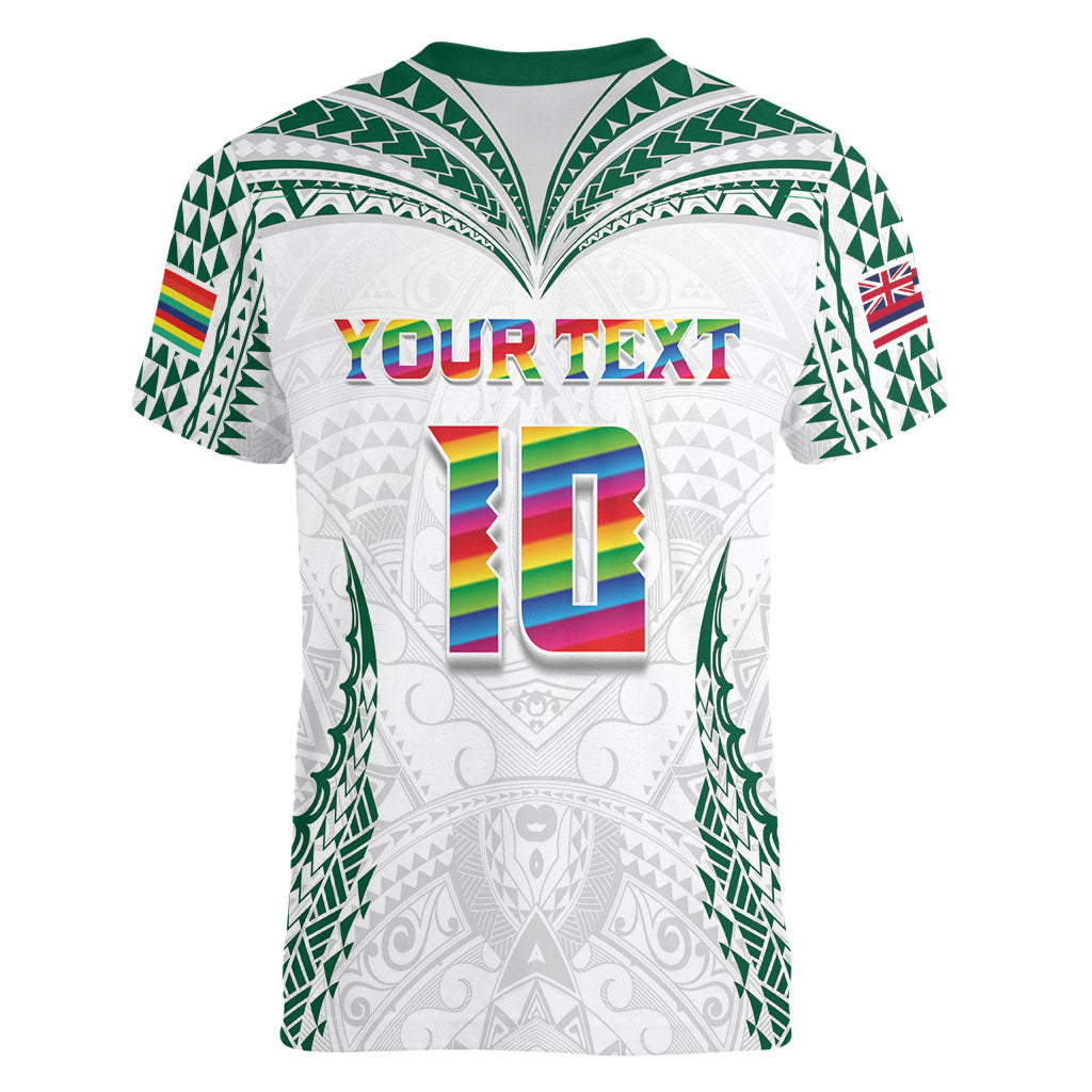 Custom Hawaii Rainbow Warriors Women V-Neck T-Shirt Polynesian Motif White Color