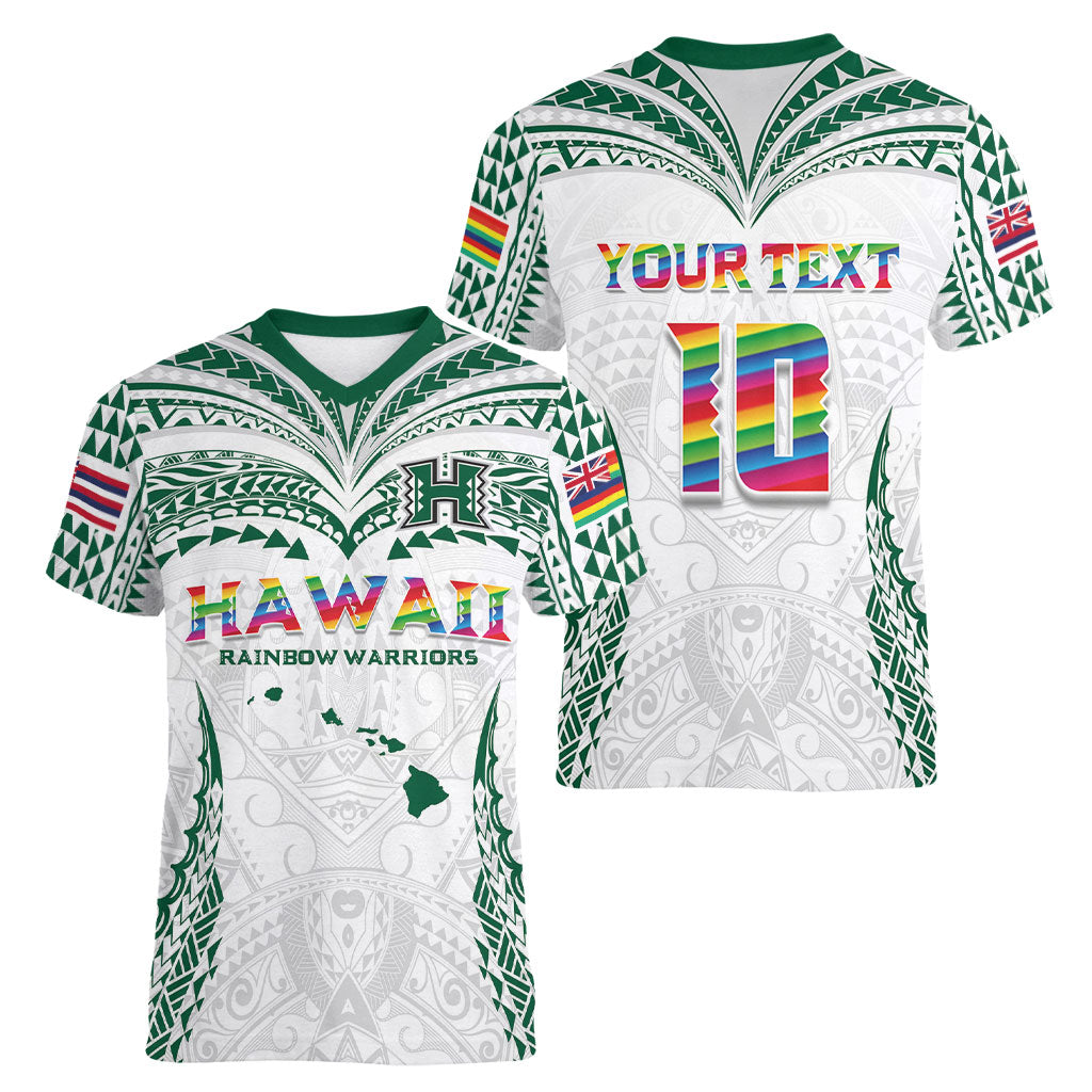Custom Hawaii Rainbow Warriors Women V-Neck T-Shirt Polynesian Motif White Color
