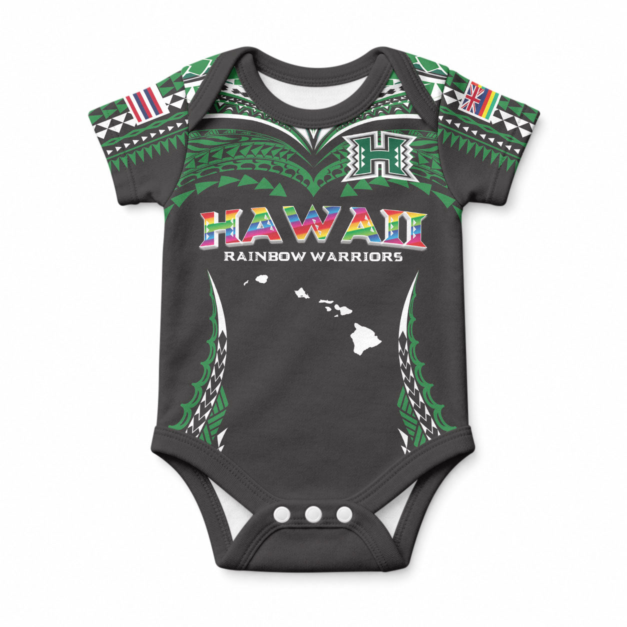 Custom Hawaii Rainbow Warriors Baby Onesie Polynesian Motif Black Color