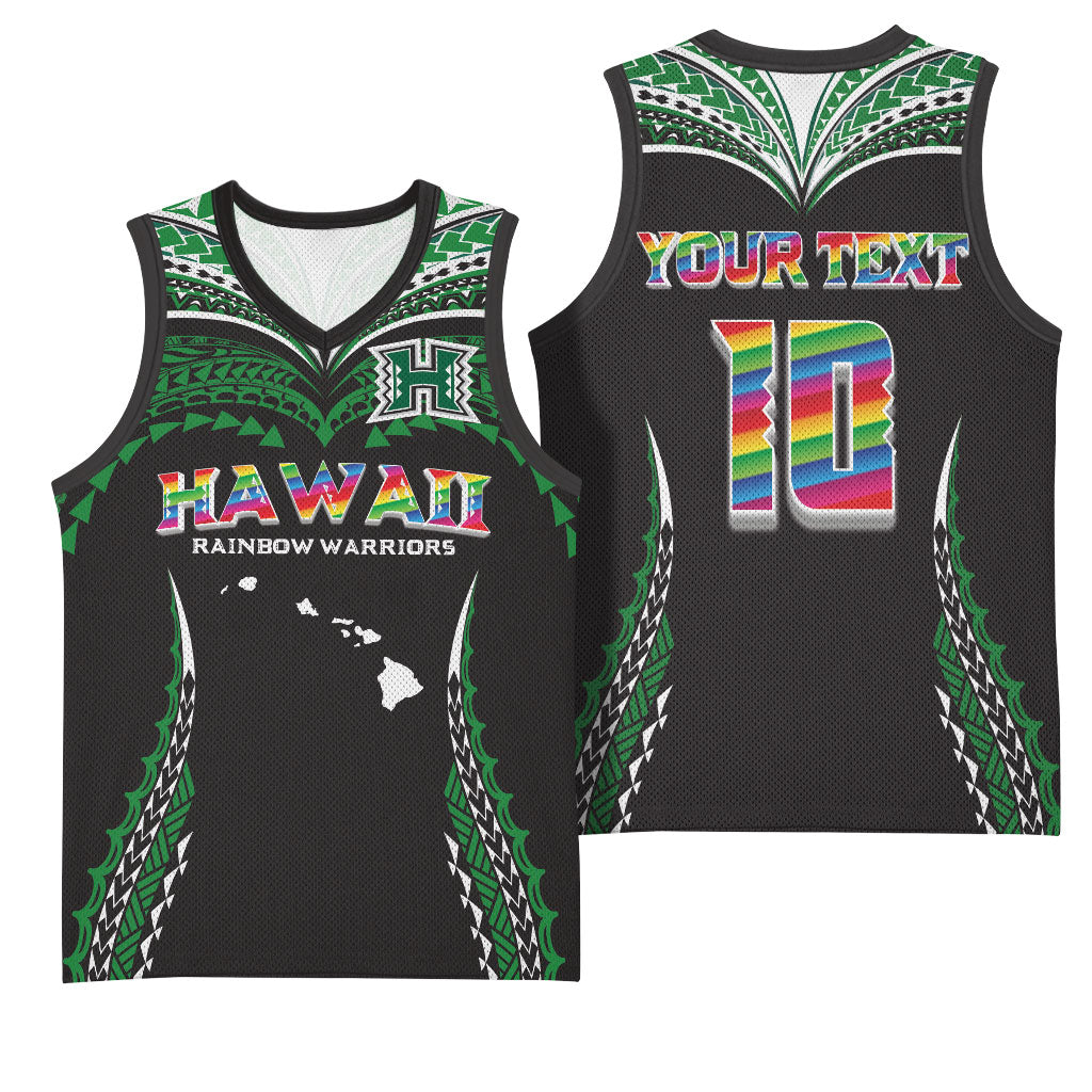 Custom Hawaii Rainbow Warriors Basketball Jersey Polynesian Motif Black Color