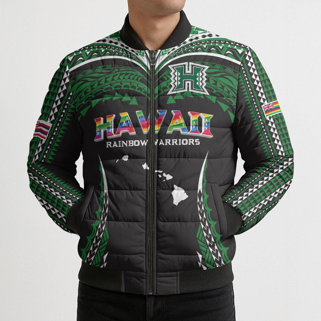 Custom Hawaii Rainbow Warriors Bomber Puffer Jacket Polynesian Motif Black Color