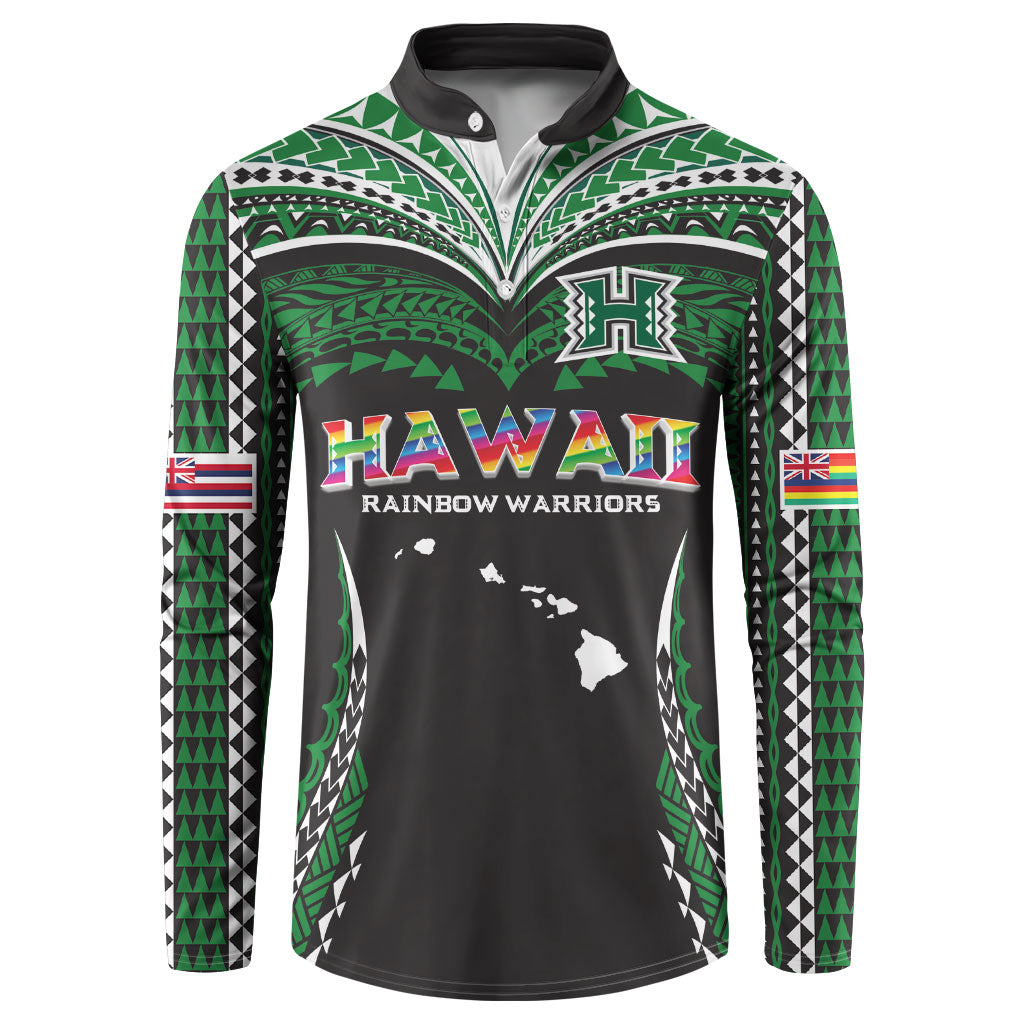 Custom Hawaii Rainbow Warriors Button Sweatshirt Polynesian Motif Black Color
