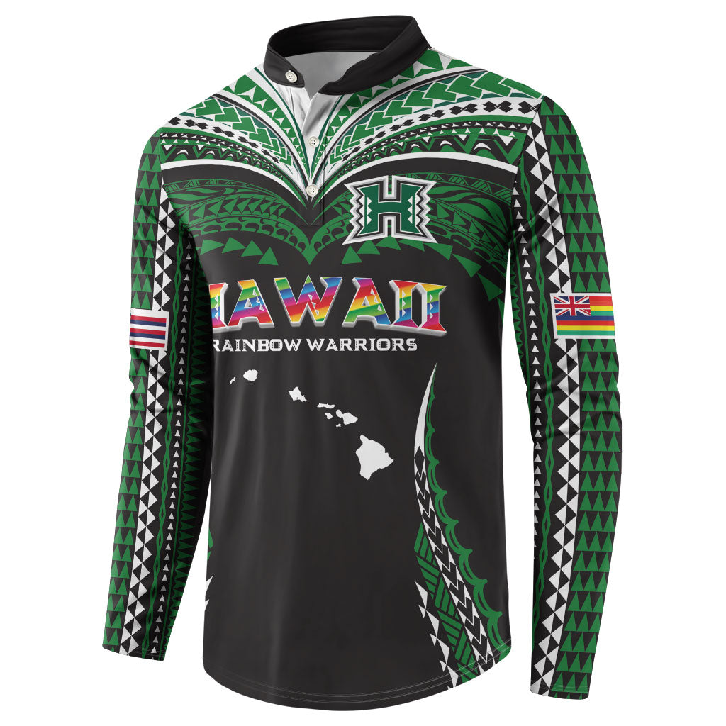 Custom Hawaii Rainbow Warriors Button Sweatshirt Polynesian Motif Black Color
