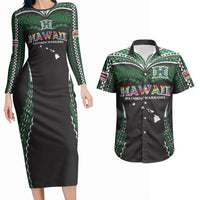 Custom Hawaii Rainbow Warriors Couples Matching Long Sleeve Bodycon Dress and Hawaiian Shirt Polynesian Motif Black Color