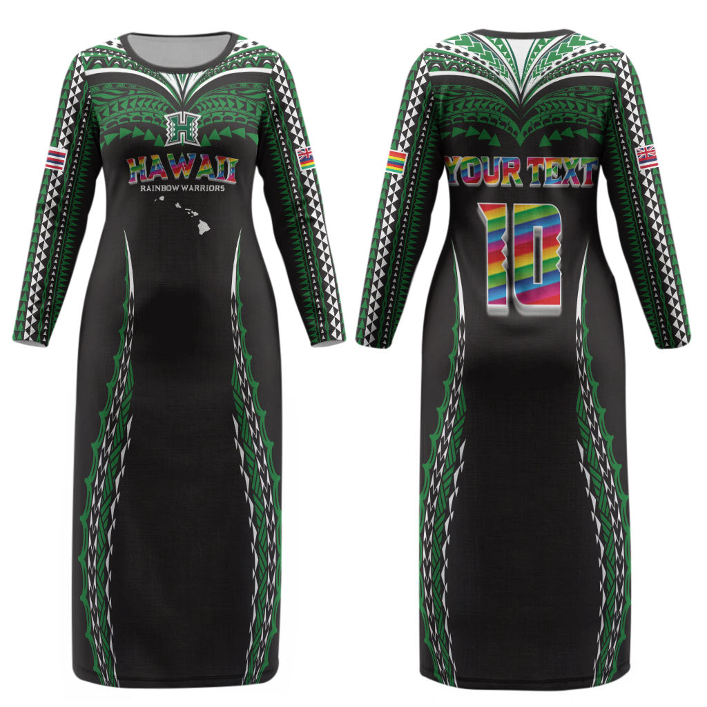 Custom Hawaii Rainbow Warriors Couples Matching Long Sleeve Bodycon Dress and Hawaiian Shirt Polynesian Motif Black Color