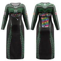 Custom Hawaii Rainbow Warriors Couples Matching Long Sleeve Bodycon Dress and Hawaiian Shirt Polynesian Motif Black Color
